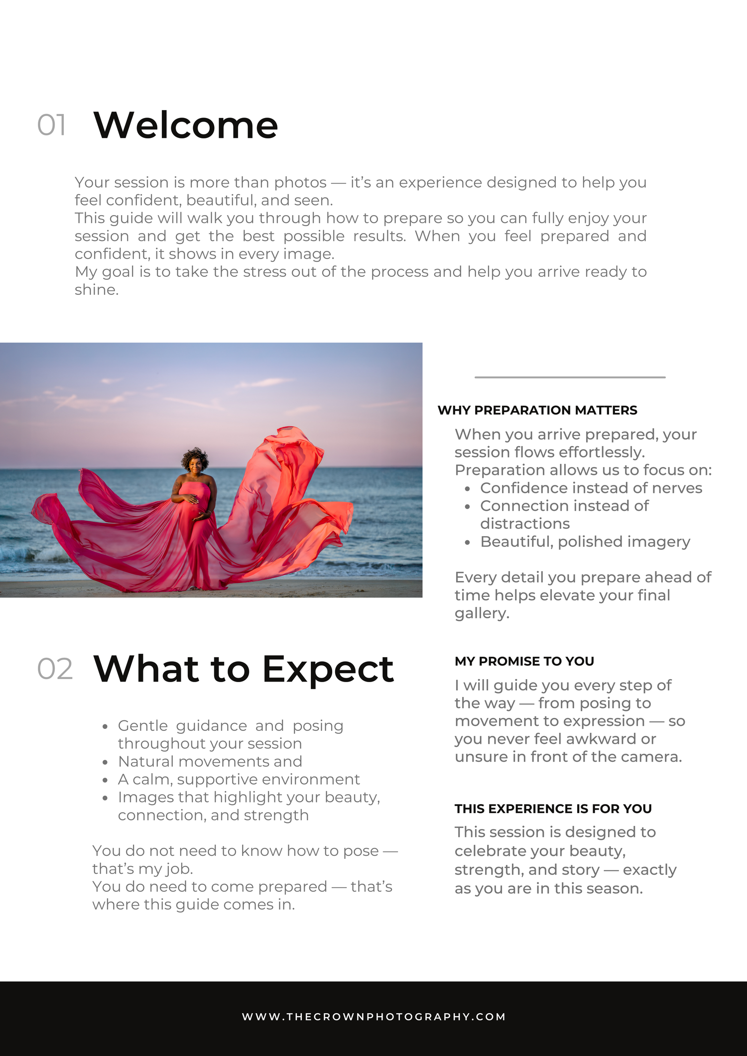 A figure in a flowing red dress poses gracefully on a beach at sunset with fabric billowing in the wind.