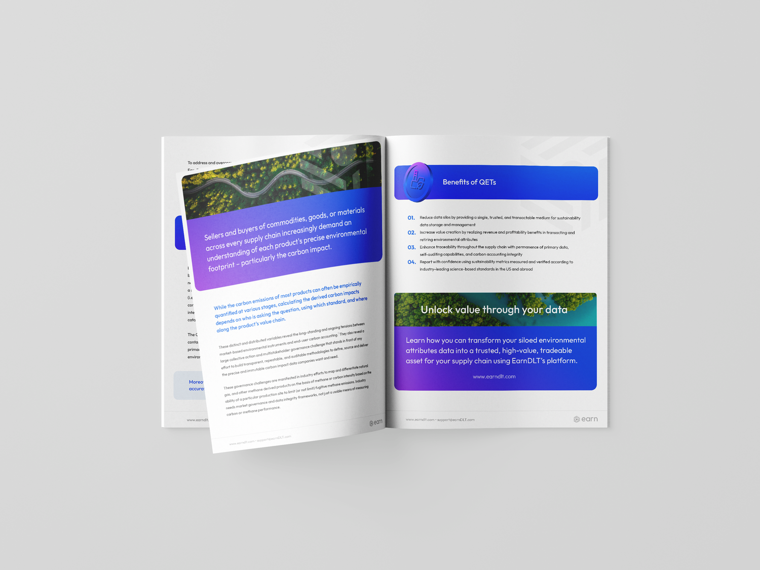 Horizontal brochure mockup showing white pages with blue accents on gray background.