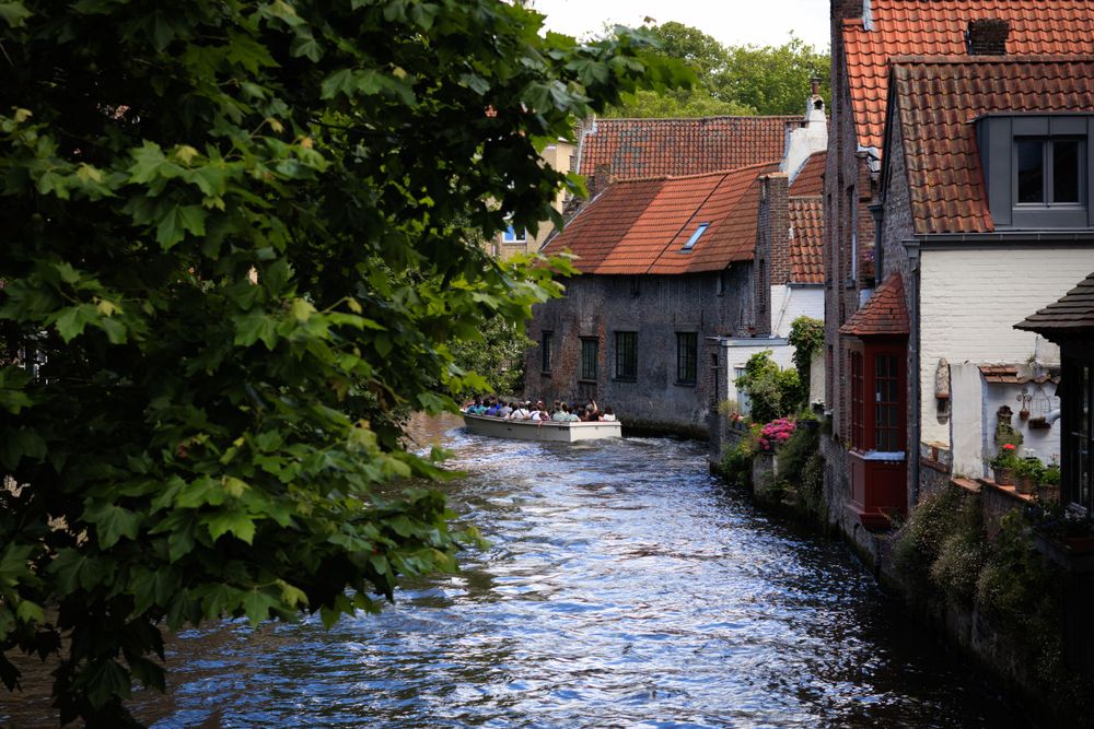 Historic buildings and waterways line the canals of Bruges, Belgium with red-tiled roofs reflecting in the water.