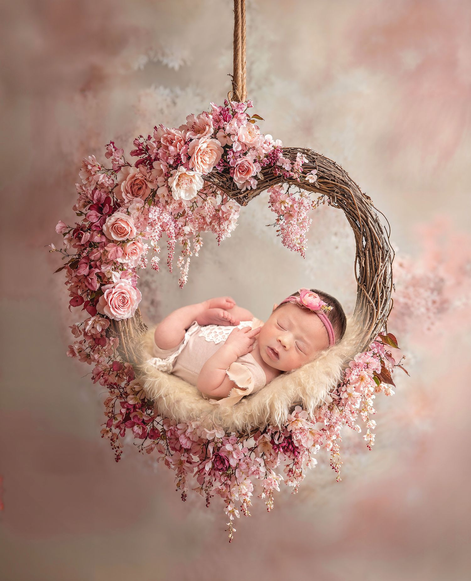 Newborn baby sleeping in a floral heart-shaped wreath swing adorned with pink roses and blossoms.