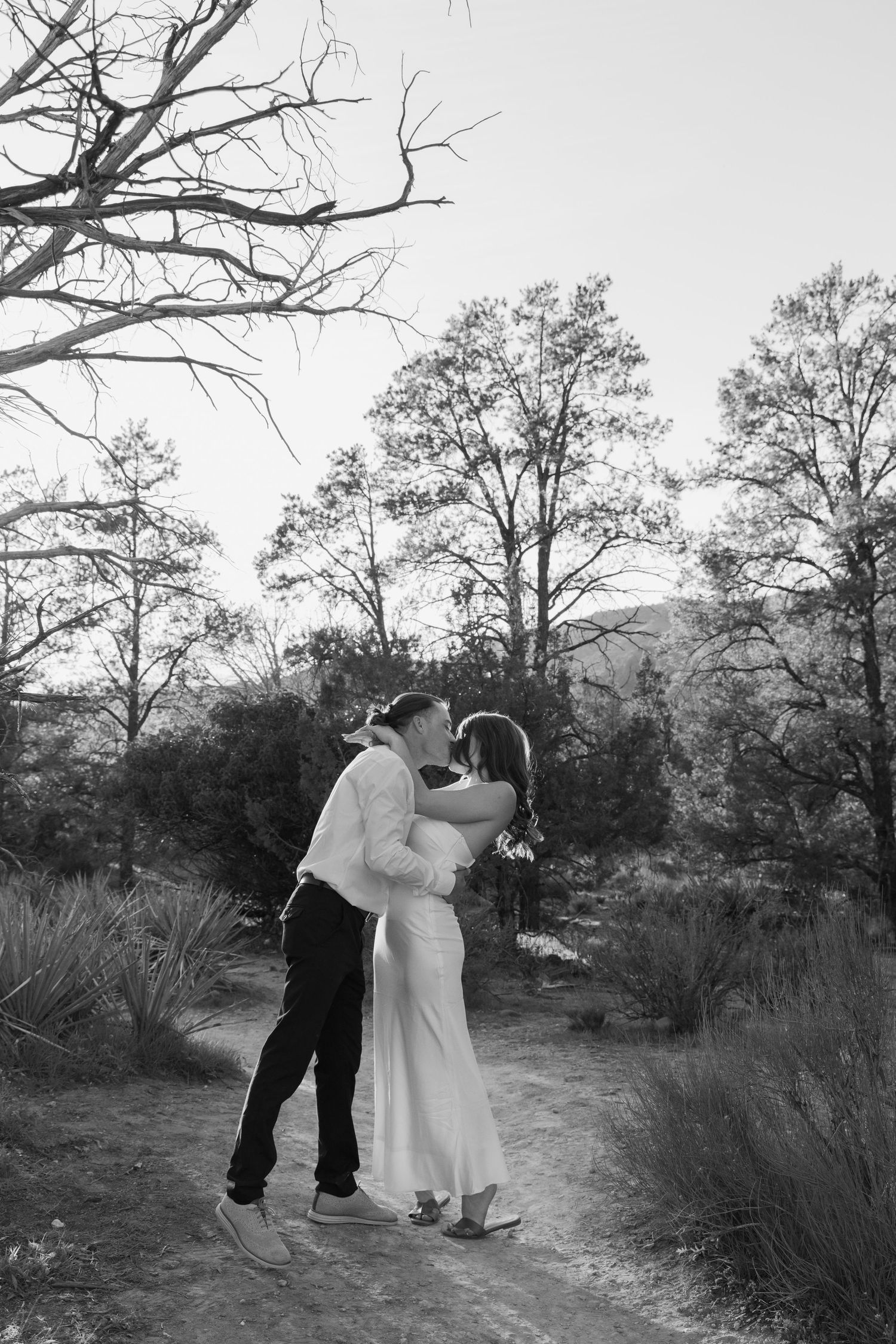 A couple shares an intimate moment on a dirt path surrounded by tall trees in black and white photography.