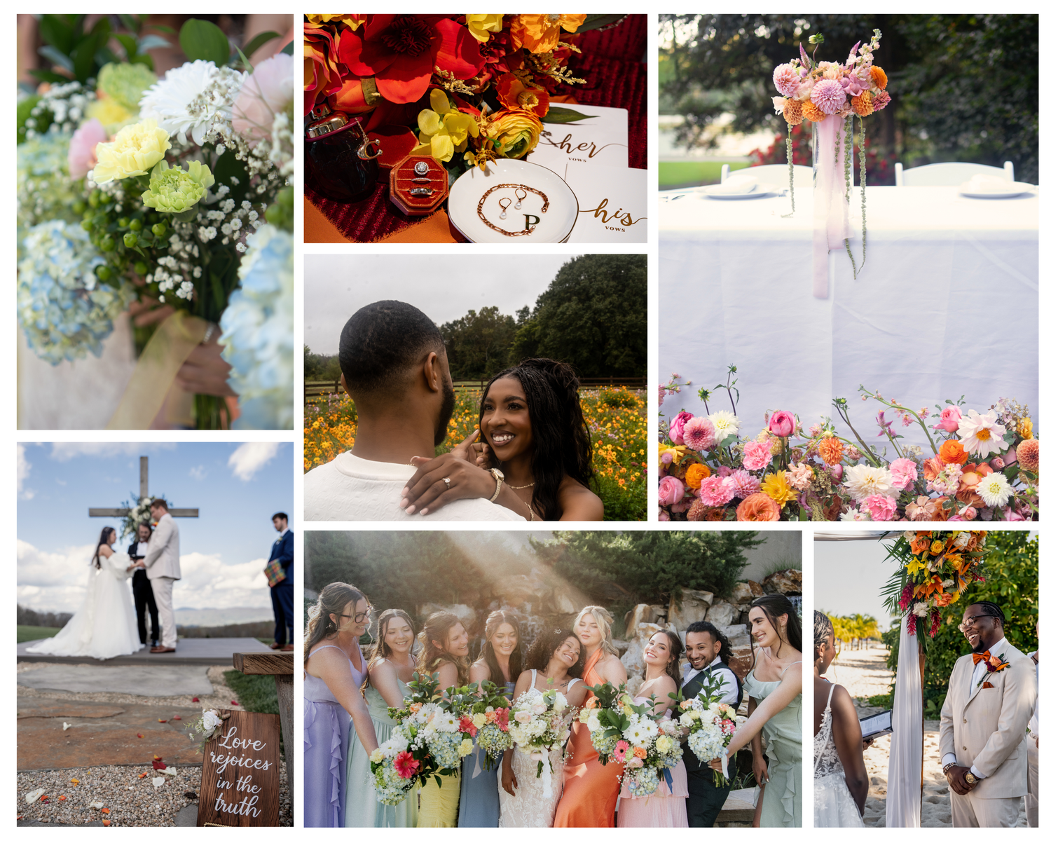 Wedding guests celebrate outdoors surrounded by vibrant floral arrangements and natural greenery.