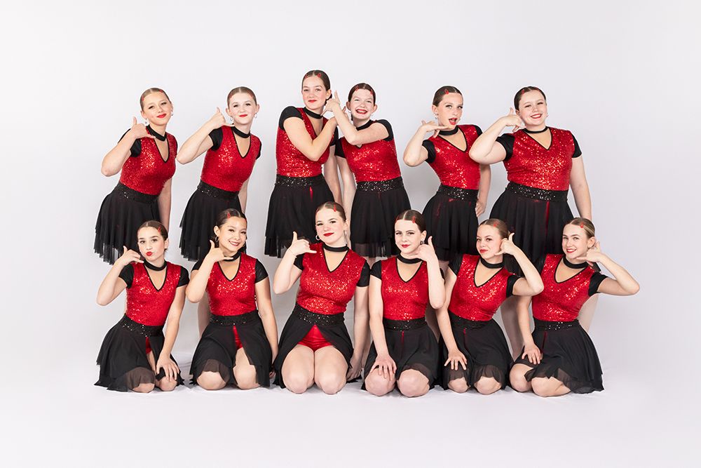 Capella Dance Academy youth dance group photo, clean white background studio portrait