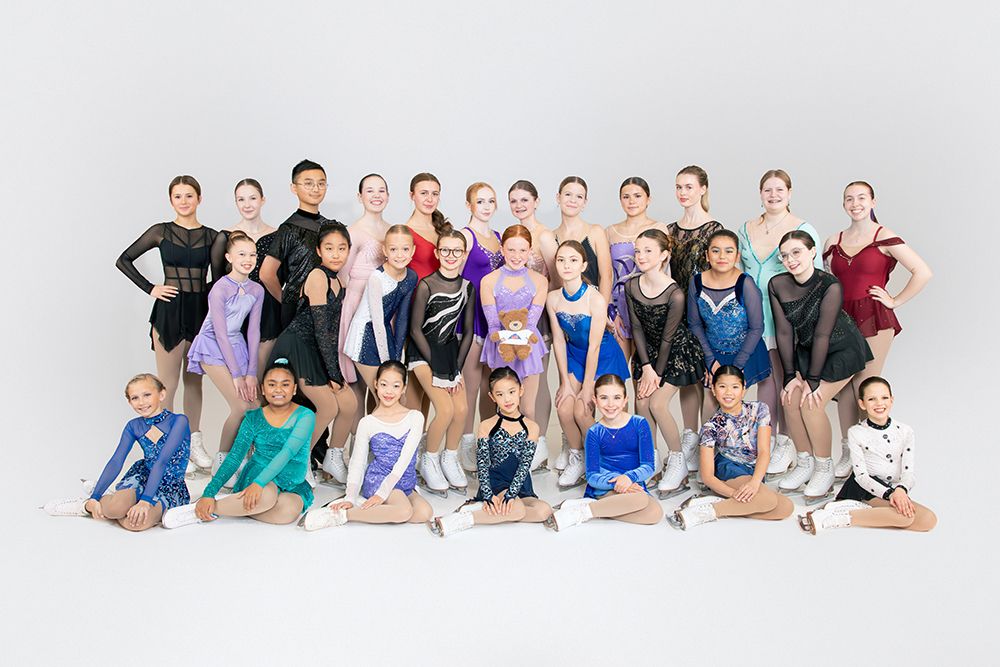 Cheam Skating Club skaters group portrait on white seamless backdrop, studio photography