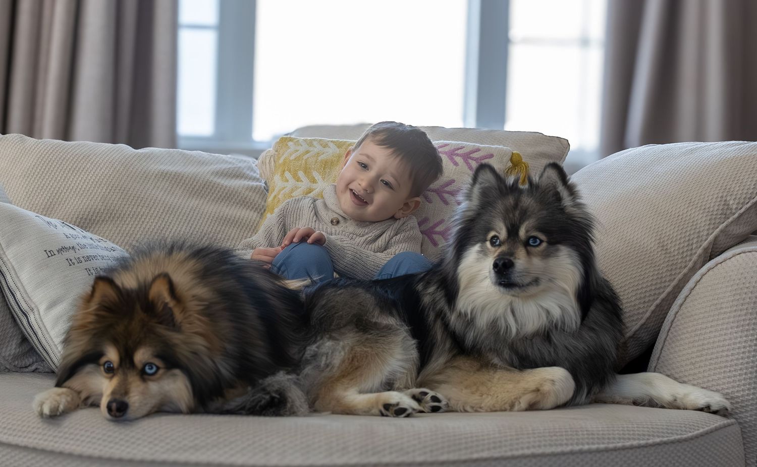 Pomsky dogs with human brother
