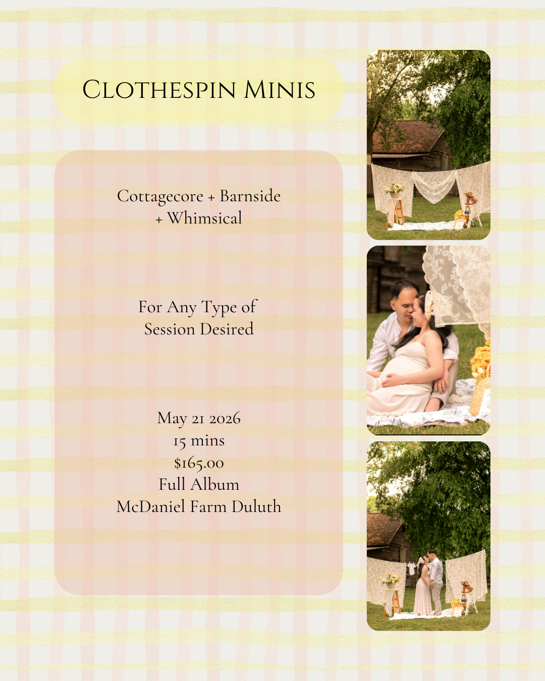 Collage of soft pink and green outdoor photography session images with whimsical styling and natural elements.