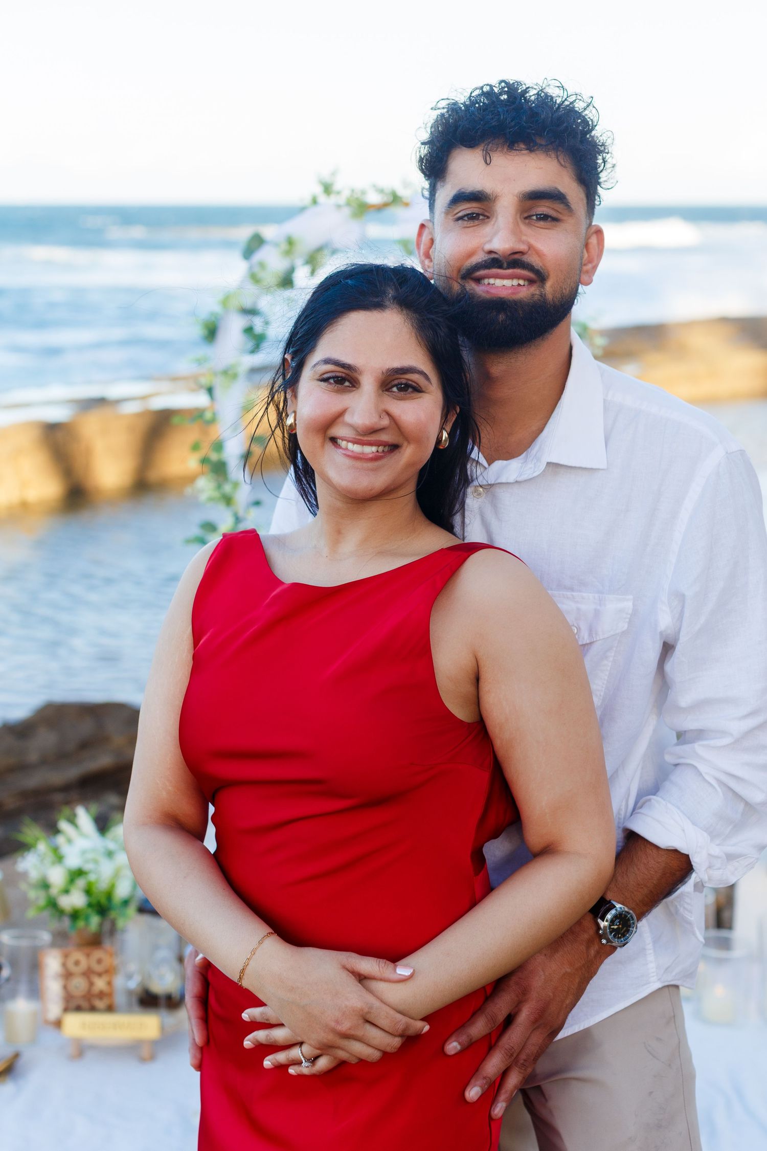 Couples portrait. Proposal and engagement session. Man and woman on the beach. Kikita Surf Beach, Dorado, Puerto Rico.