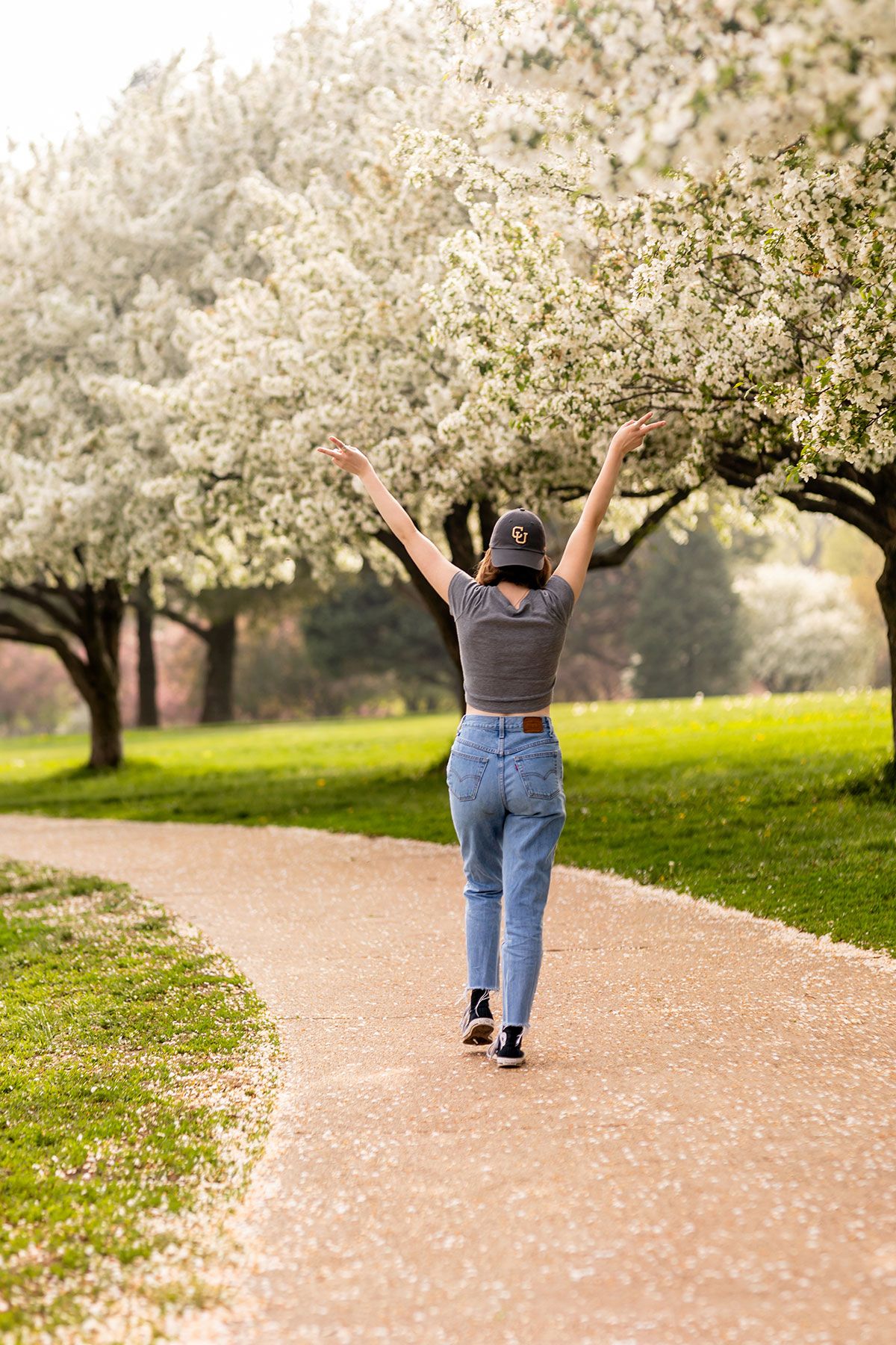 Figure walking with raised arms along a path lined with blooming spring trees.