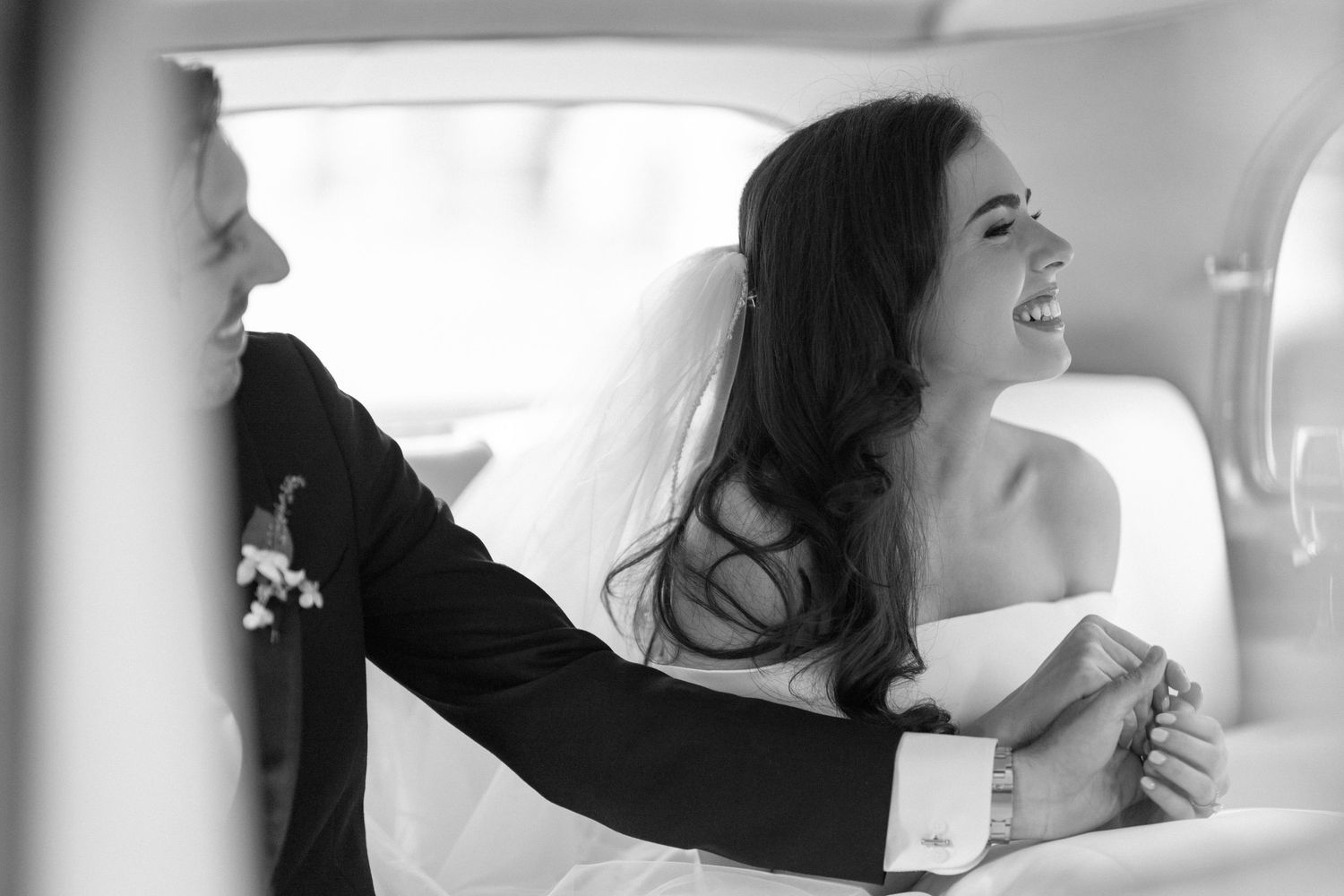 Black and white photo sequence showing joyful laughter and natural reactions during a candid moment.