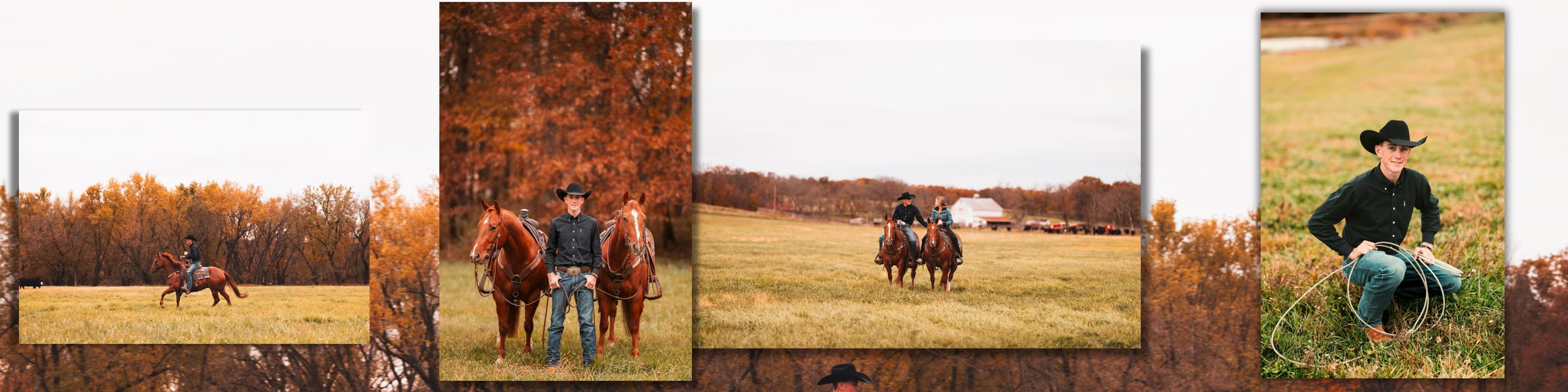 A series of small thumbnail images showing horses and riders in outdoor settings during autumn.