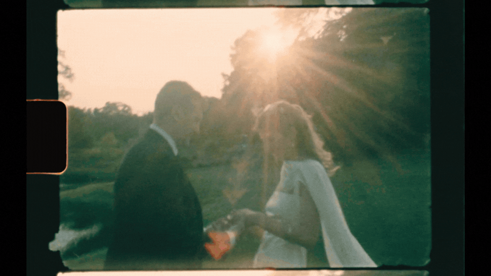 A series of dreamy silhouettes captured at sunset with lens flare creating a romantic golden atmosphere.