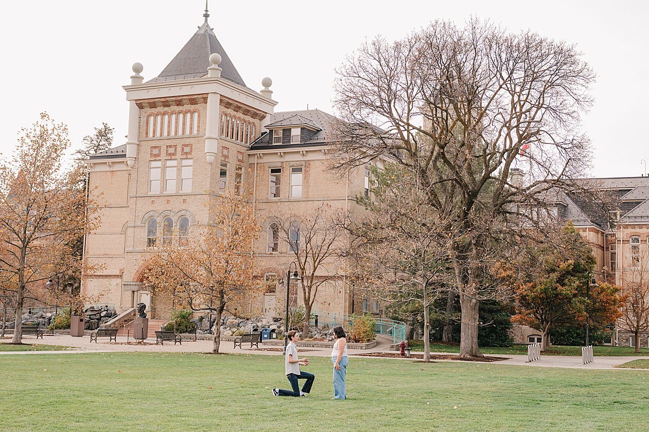 A series of engagement photos captured at a Gothic-style university campus during autumn.