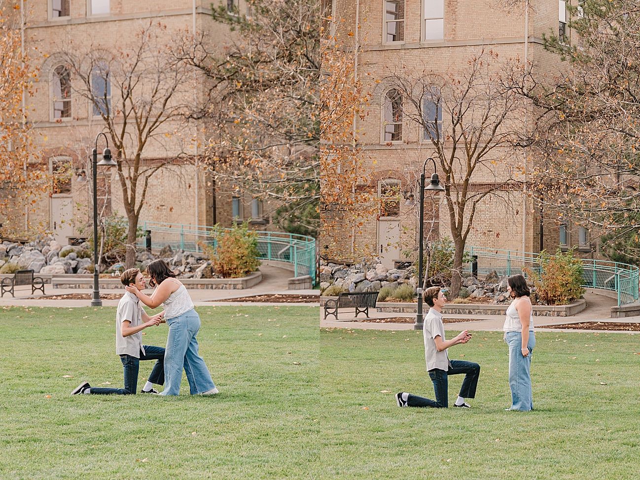A sequence showing a surprise proposal moment unfolding on a university lawn with historic buildings behind.