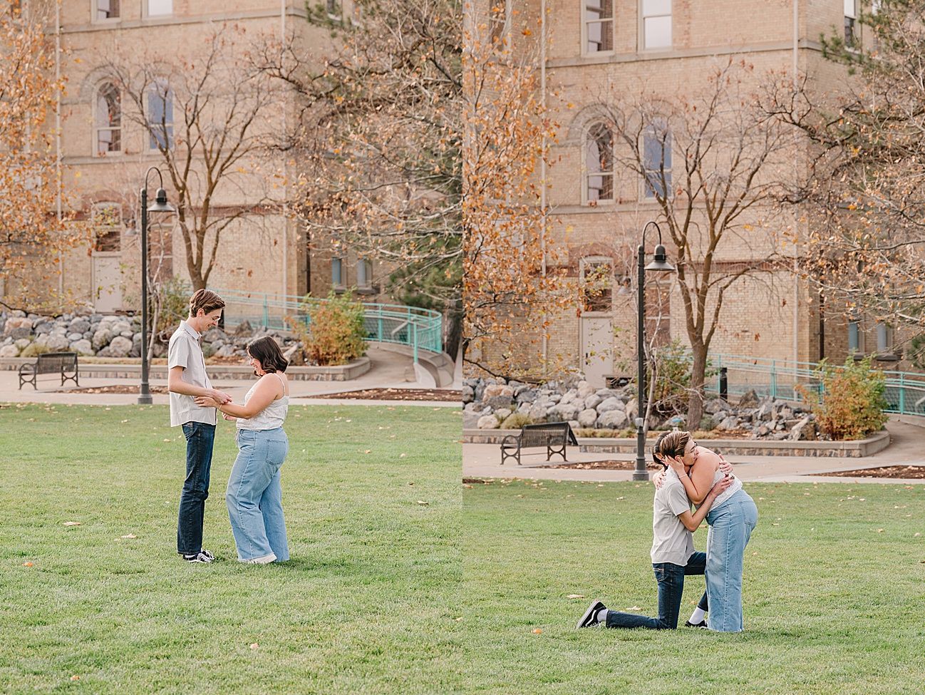 A romantic marriage proposal scene unfolds on a grassy lawn in front of a brick building during autumn.