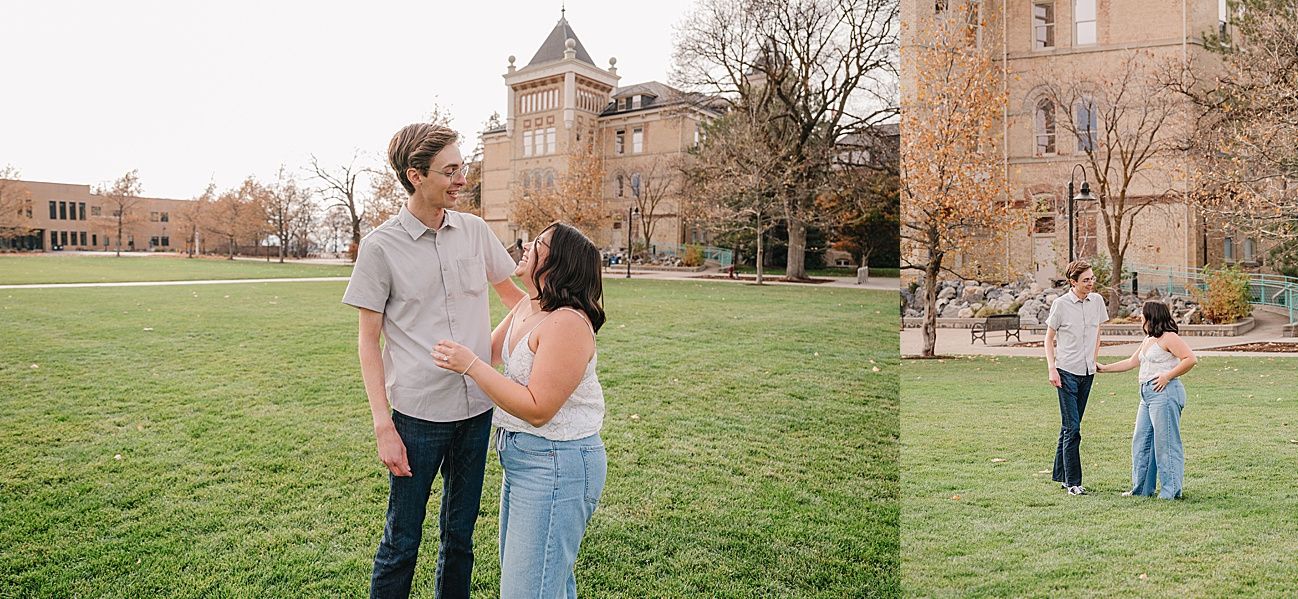 Several romantic photos of a couple posing in front of a grand stone building with fall foliage.