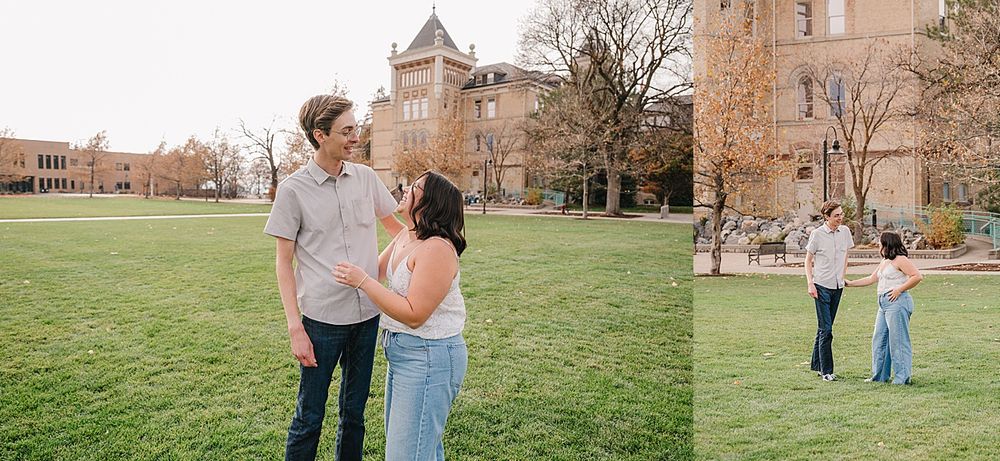 Several romantic photos of a couple posing in front of a grand stone building with fall foliage.