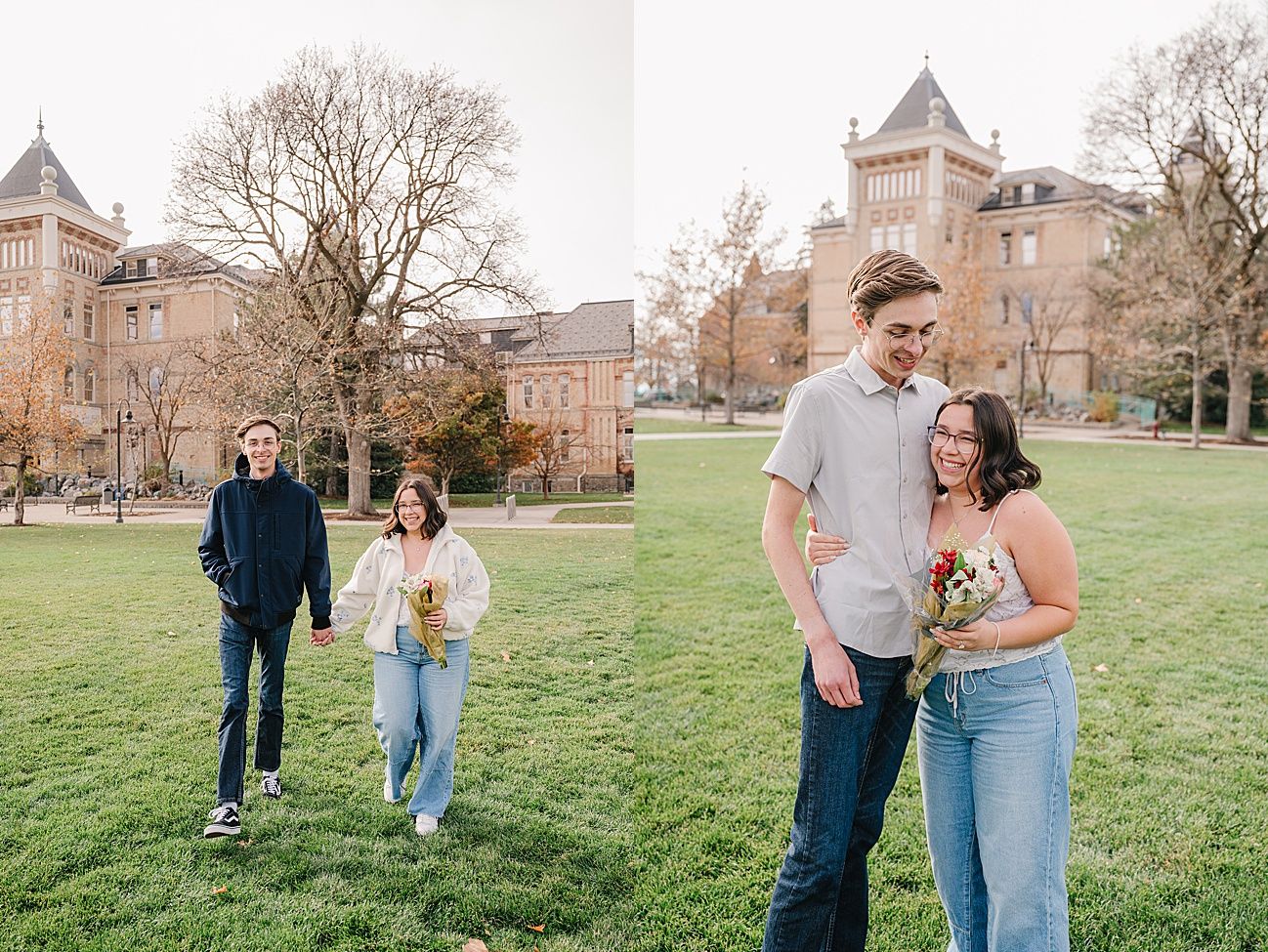 A couple embraces on a sunny day with a grand university building visible behind them.
