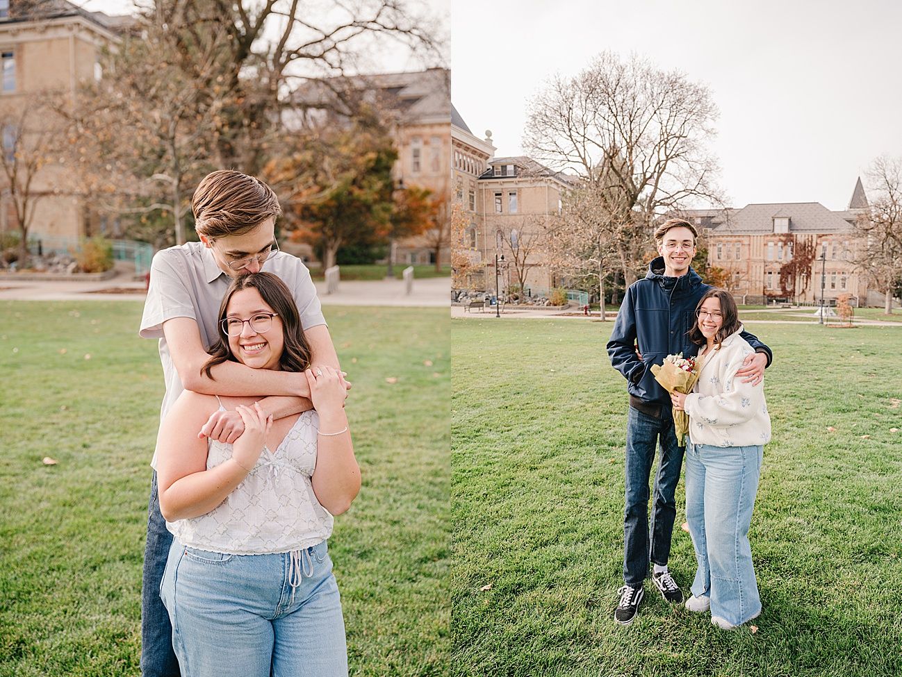 A couple shares a romantic moment on a grassy lawn with a historic stone building in the background.