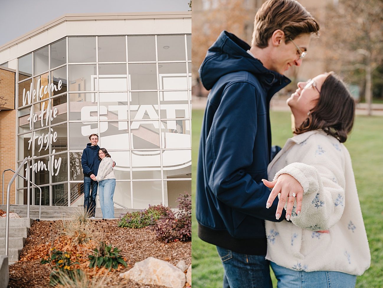 A couple shares a romantic moment on a sunny autumn day in front of a historic stone church building.