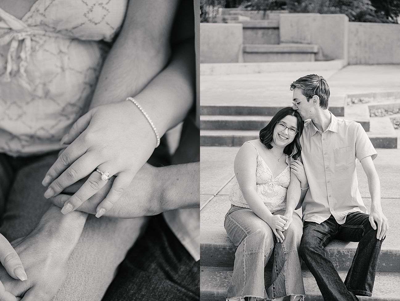 Black and white diptych of a close-up of hands and a couple sitting together on outdoor steps.