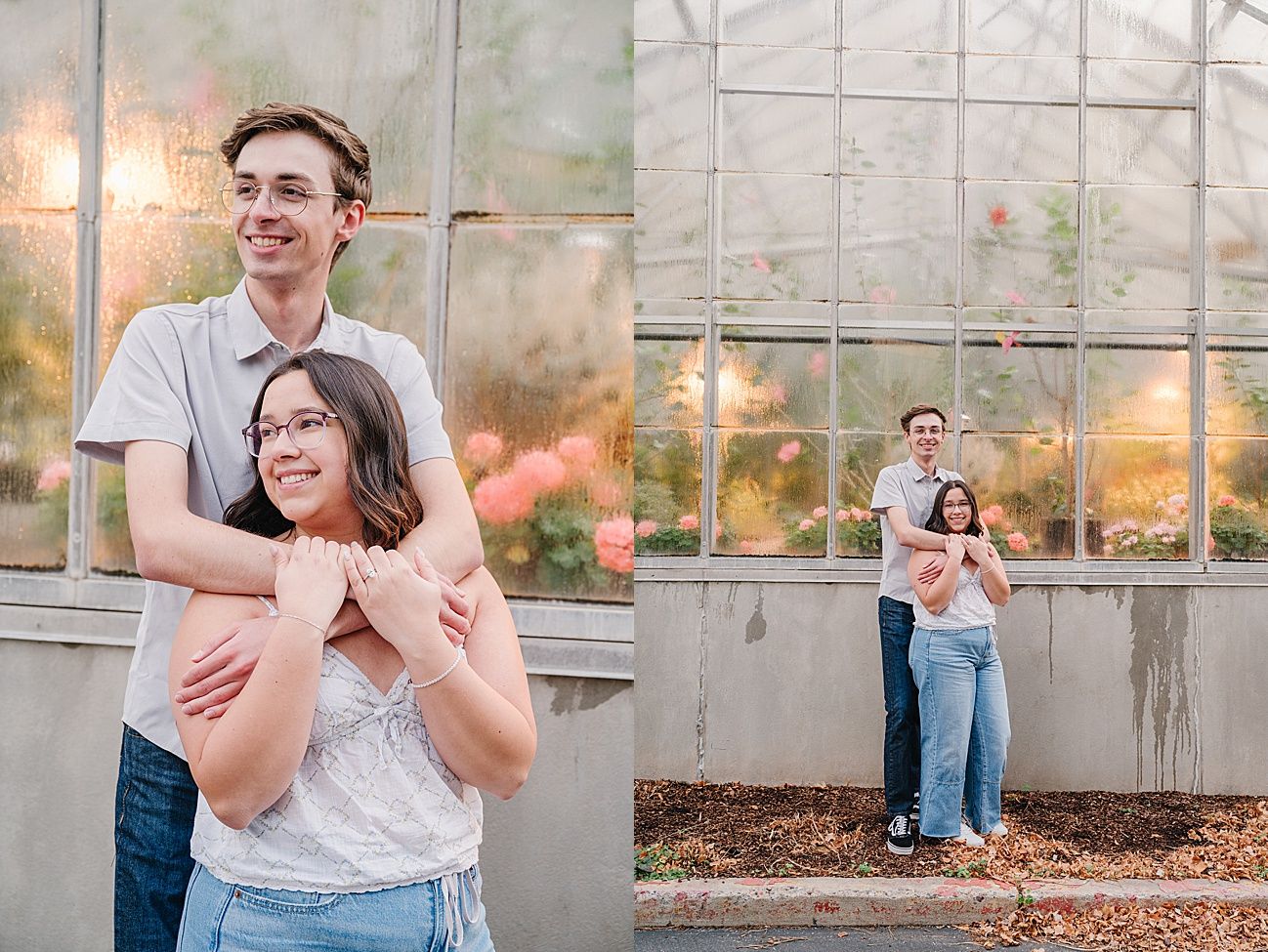 A couple shares romantic moments in a greenhouse during a sunset engagement photo session.