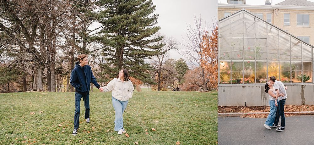 Three casual outdoor campus scenes showing students walking and interacting near buildings and a greenhouse.