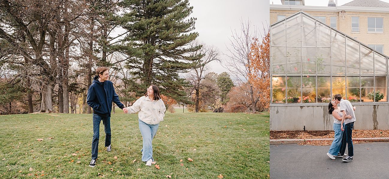 Three casual outdoor campus scenes showing students walking and interacting near buildings and a greenhouse.