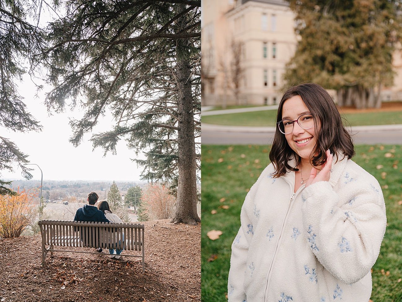 Two scenic outdoor photos showing a peaceful bench under evergreen trees and a person in a cozy winter jacket on campus.