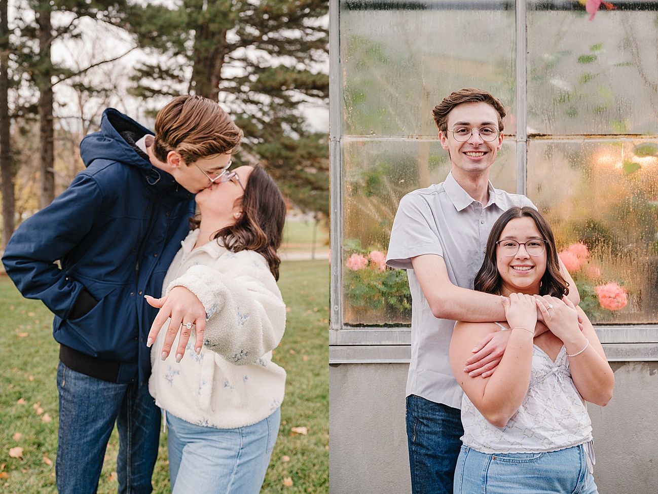 A series of romantic outdoor engagement photos showing couples embracing and sharing joyful moments together.