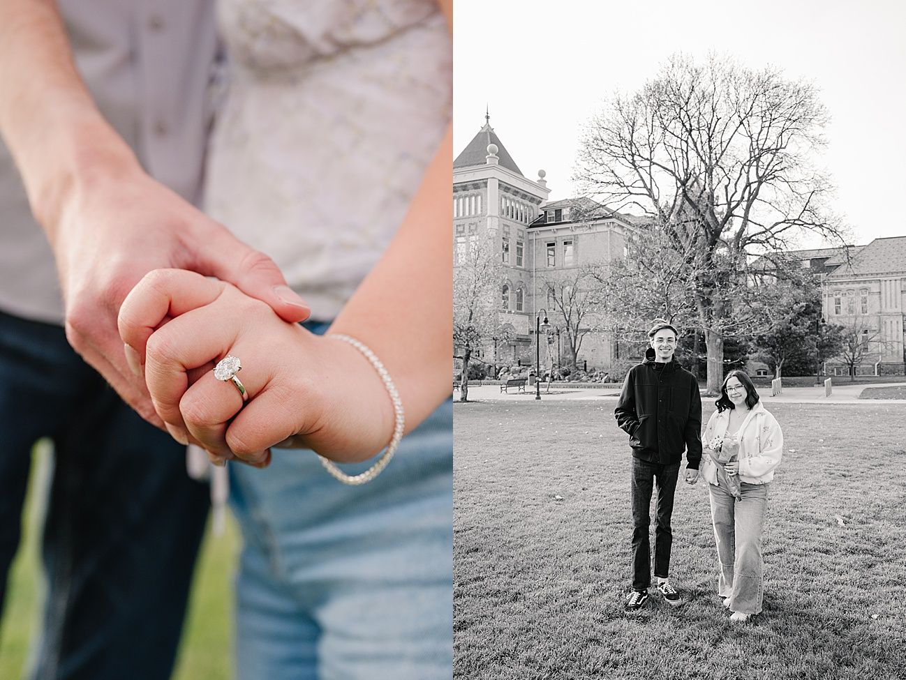 A series of black and white and color photos showing hands with wedding rings and couples walking together outdoors.