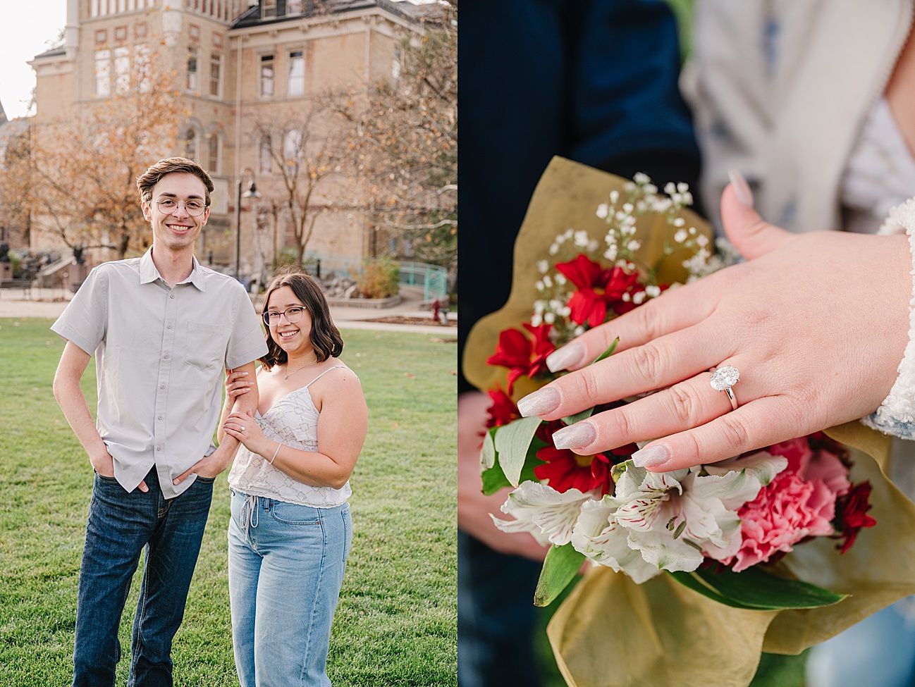 A couple shares a romantic moment during their engagement photo session in a park with spring blossoms.