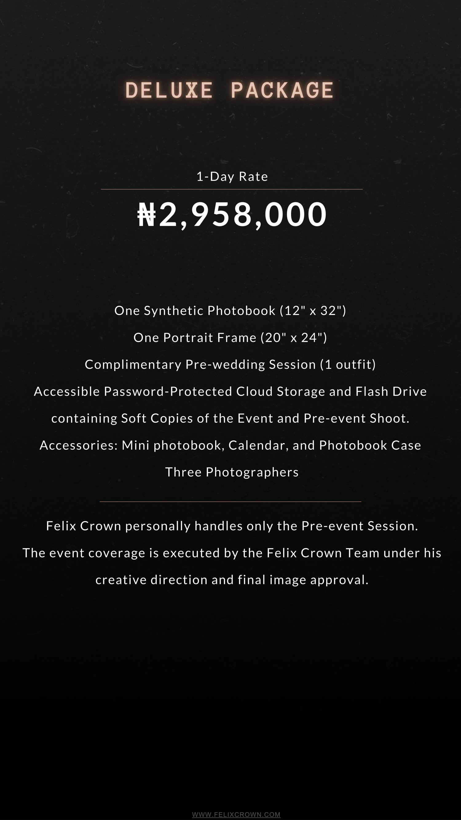 Wedding photography pricing menu showing Felix Crown Experience packages with rates and included services in white text on black.