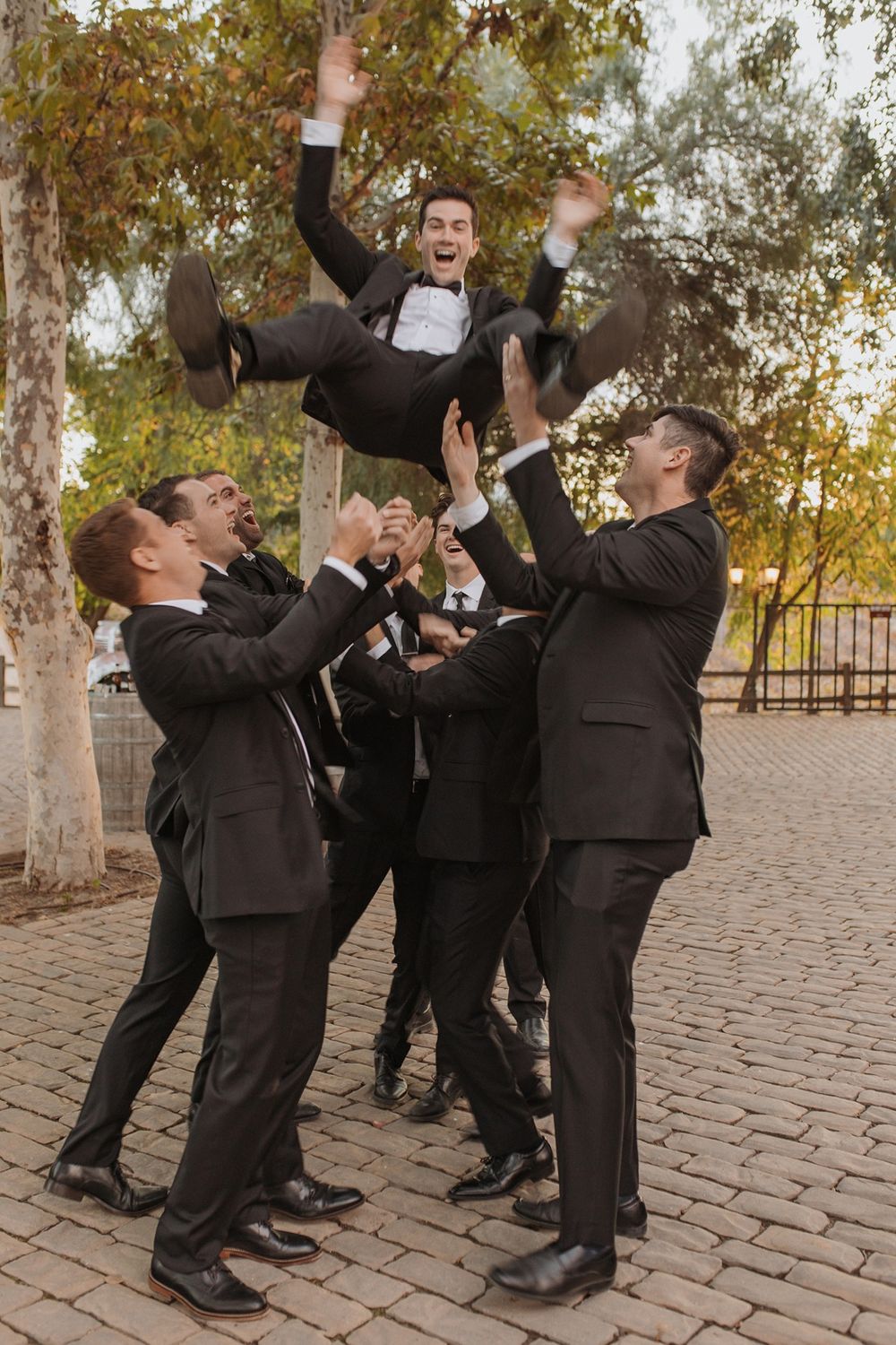 A sequence of candid moments showing groomsmen in black suits celebrating and jumping with joy on a cobblestone path at Lake Oak Meadows.