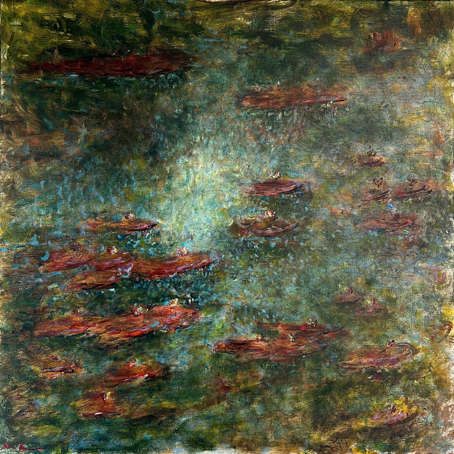 Abstract impressionist painting with swirling blues and greens reminiscent of Monet's water lilies style.