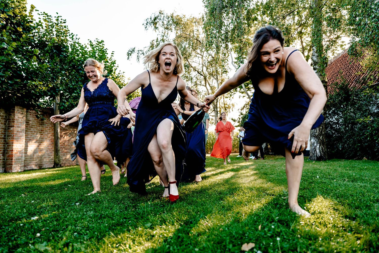 People playing with dogs in a backyard setting while exercising on sunny day.