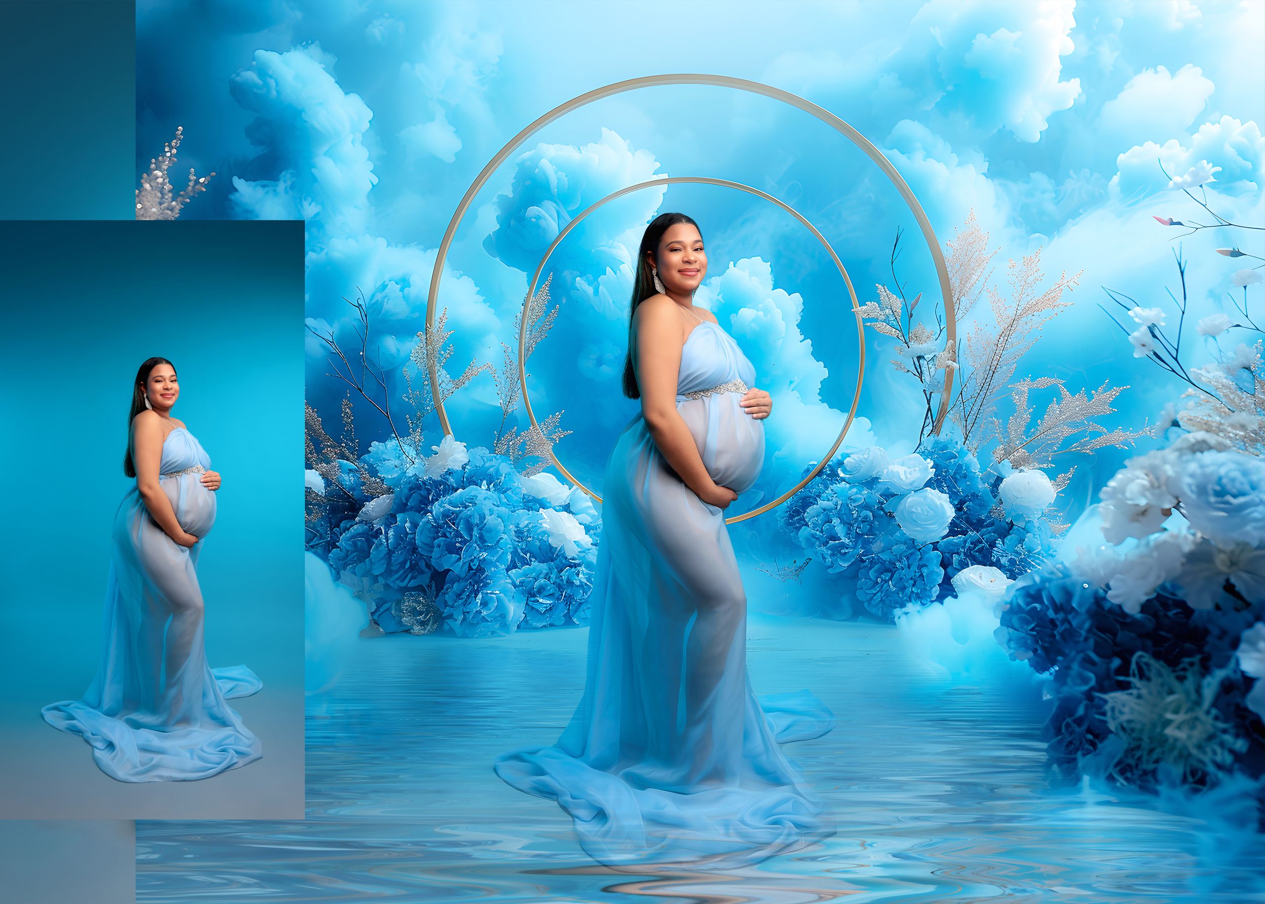 Maternity composite of pregnant woman in blue gown standing in dreamy blue floral cloud scene with original.