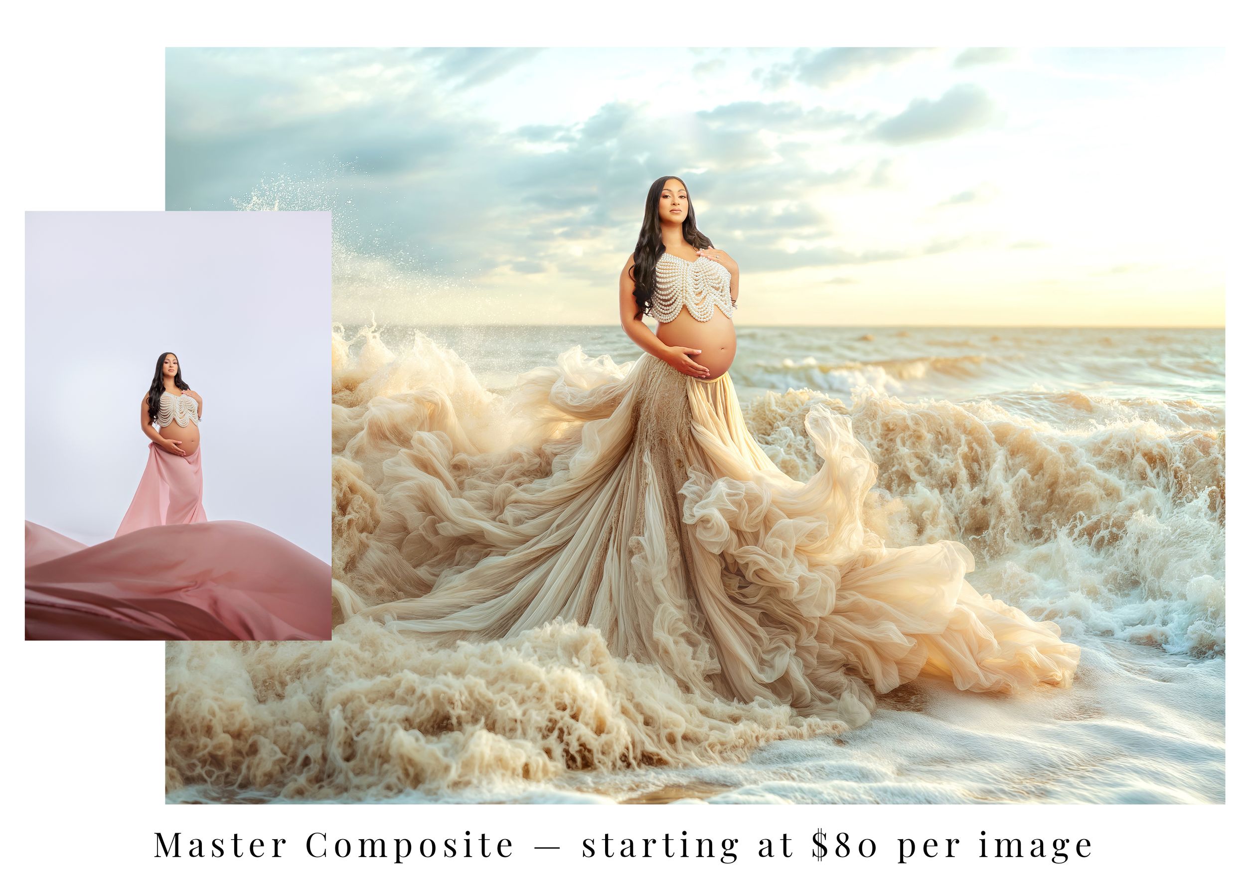Maternity composite photo of pregnant woman in pink gown standing in ocean waves at sunset.