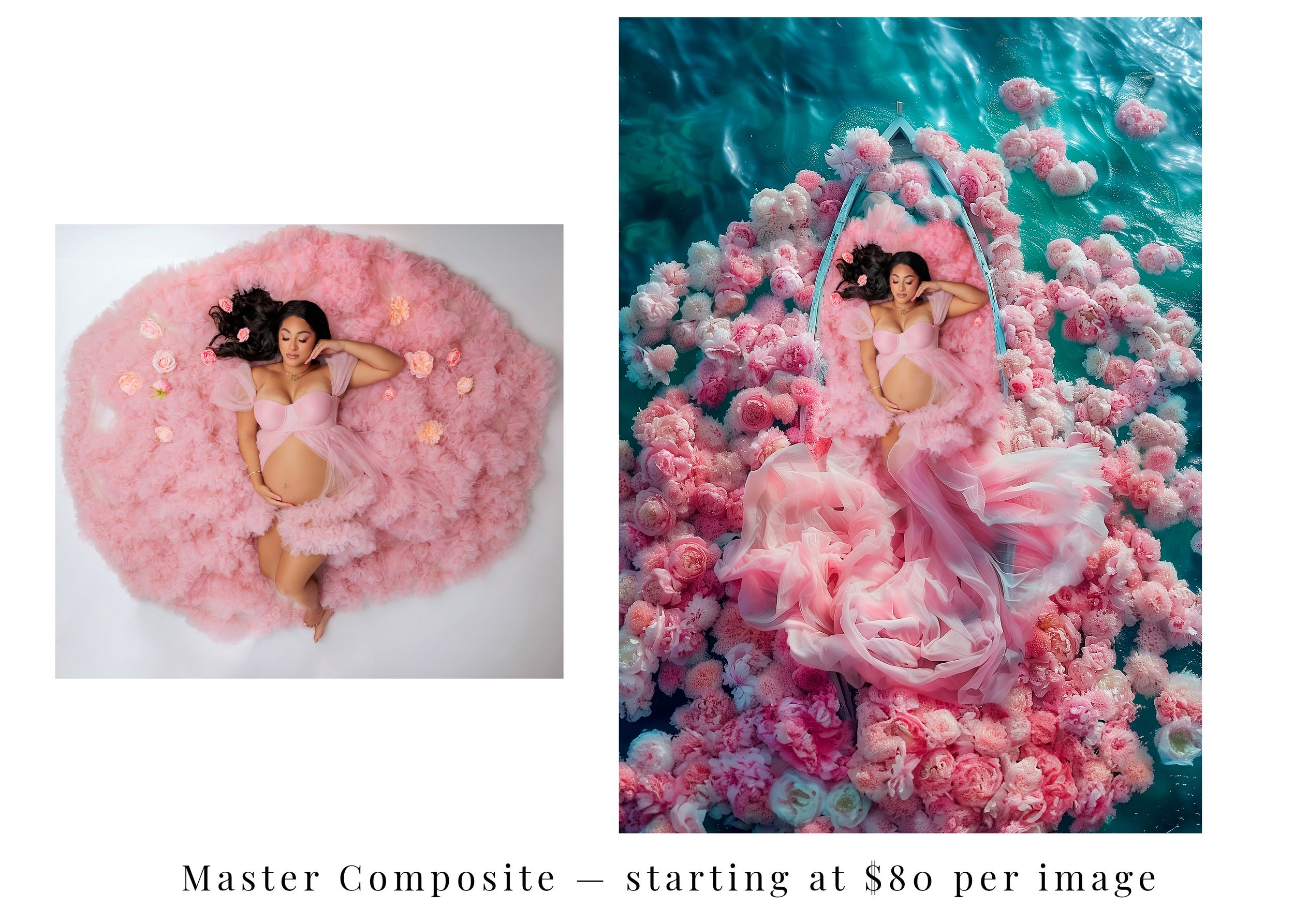 Creative maternity composite showing pregnant woman surrounded by pink flowers in aerial ocean view.