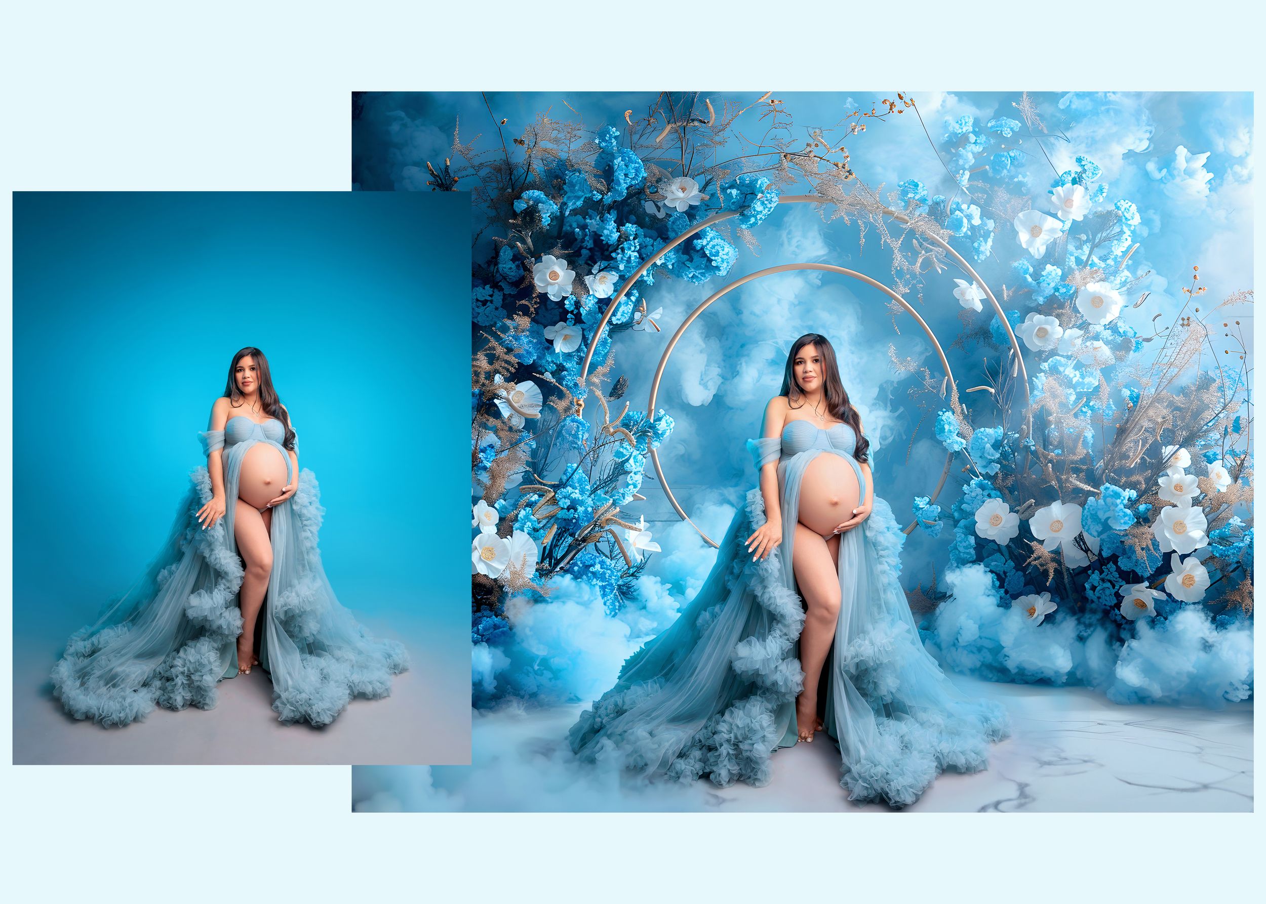 Maternity photo composite of pregnant woman in blue tulle gown posed before a blue floral arch backdrop.