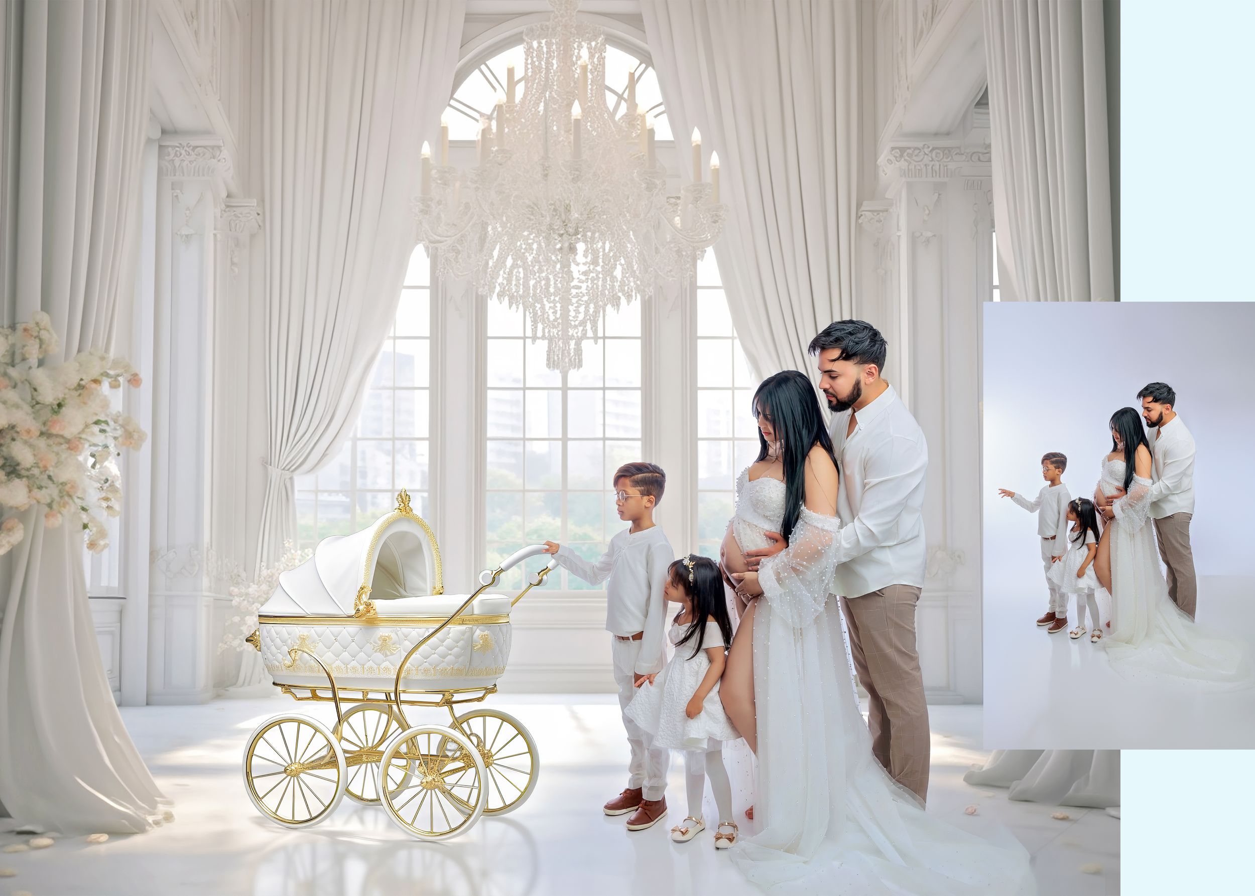 Family maternity composite photo in elegant white studio with chandelier and vintage gold baby carriage.