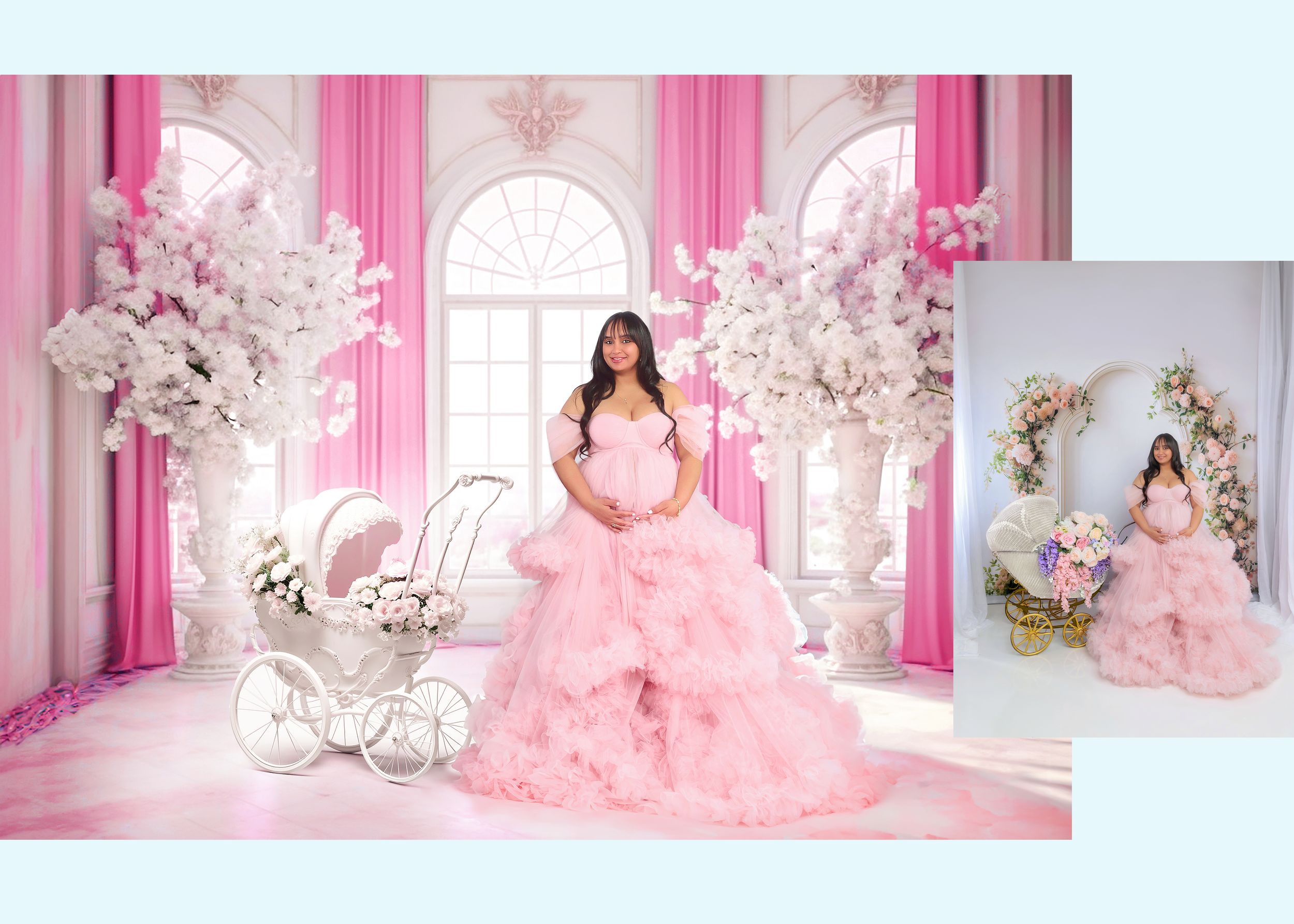 Maternity composite photo of pregnant woman in pink ruffled gown in a pink floral studio with white carriage.