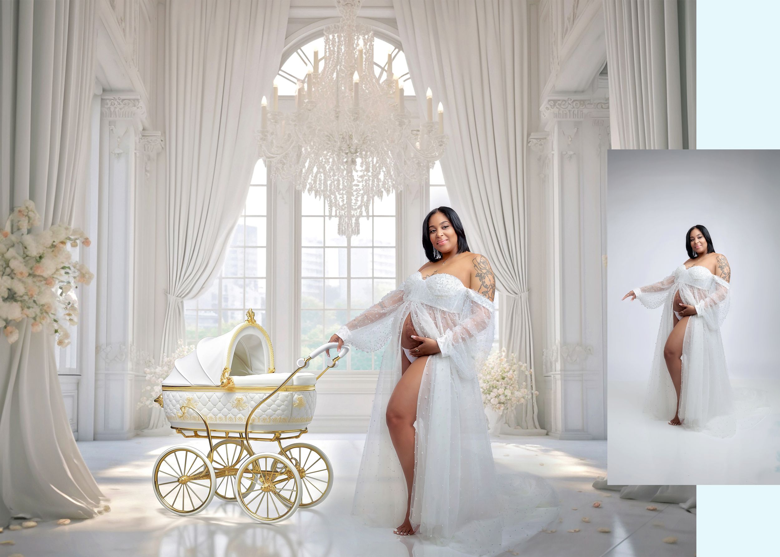 Maternity composite photo of pregnant woman in white sheer gown posing with vintage gold carriage in white studio.