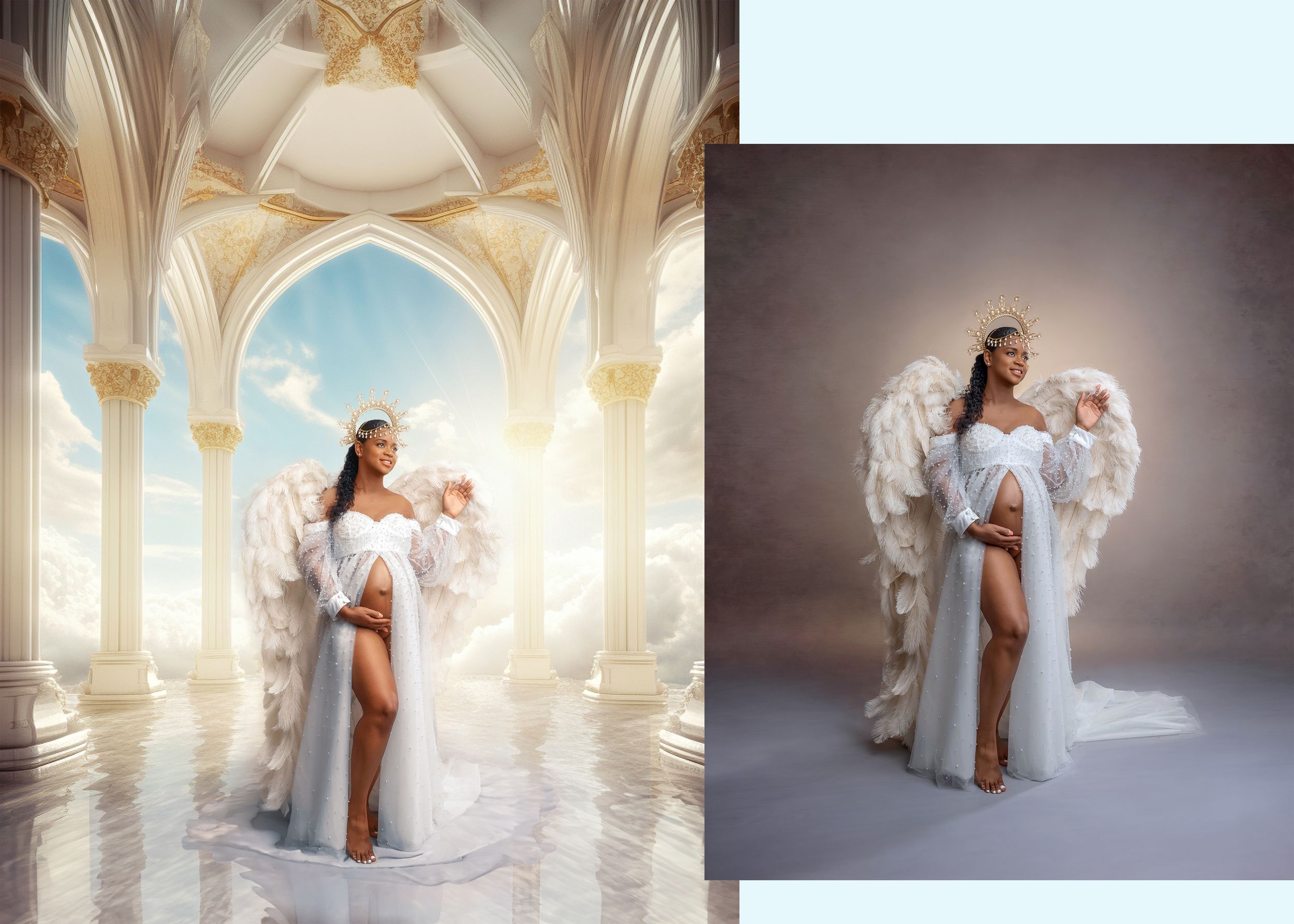 Pregnant woman in white angel wings gown poses in heavenly archway, shown beside original studio photo.