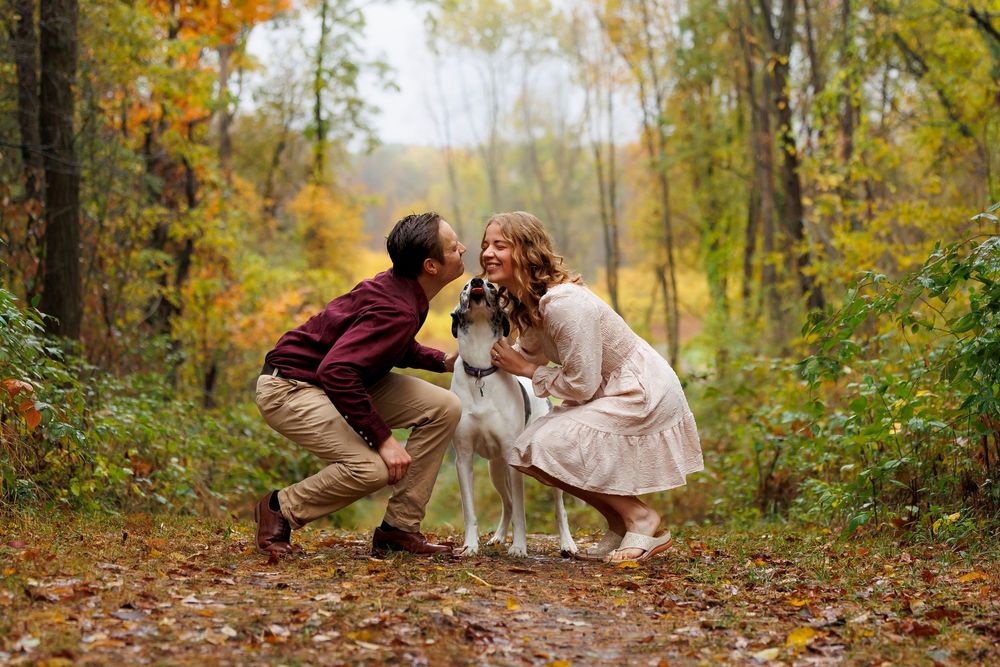 A couple in wedding attire shares an intimate moment in a forest filled with vibrant autumn foliage.