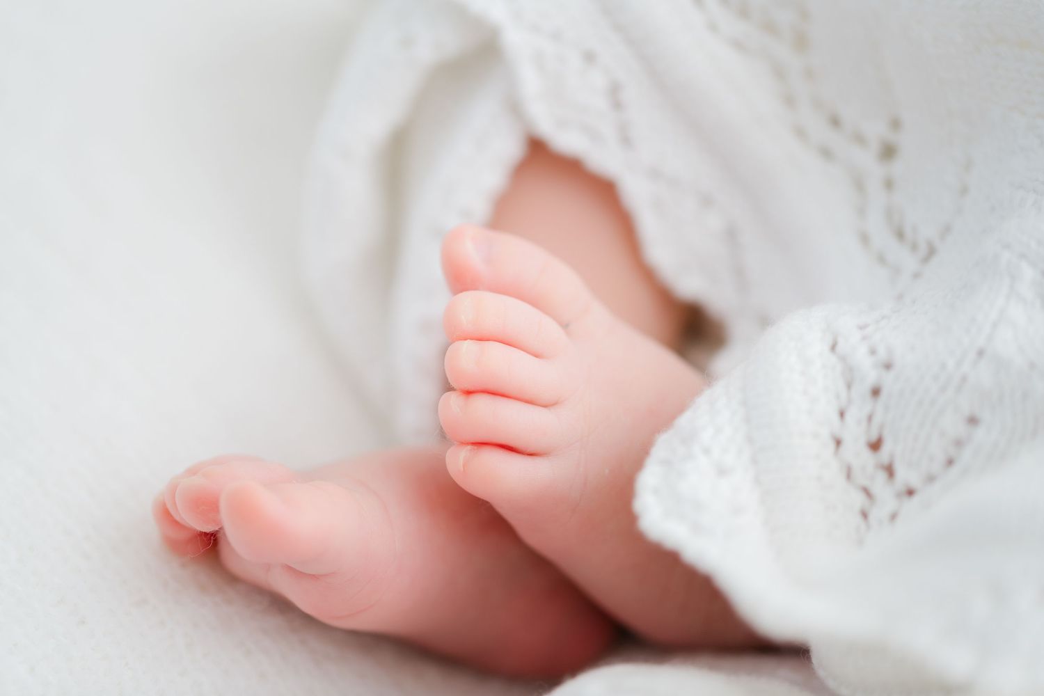 Close-up of tiny newborn baby feet wrapped in soft white lace blanket.