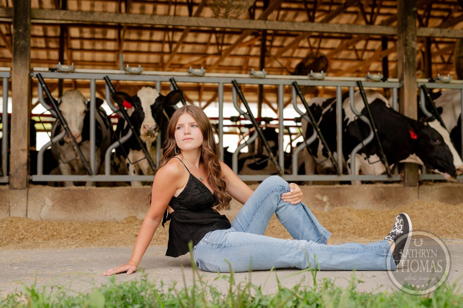 Casual seated pose in front of dairy cows with black top and light wash jeans.