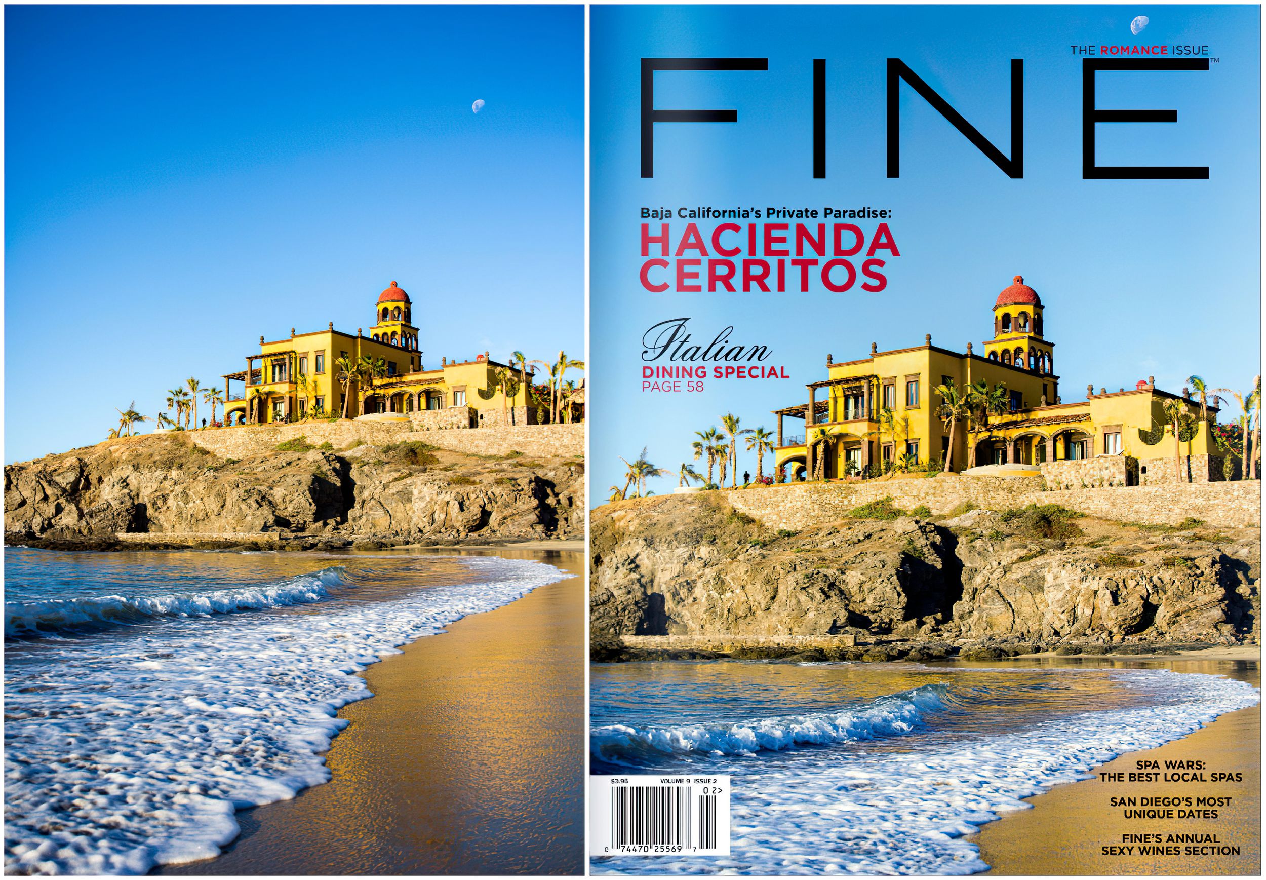 Coastal villa on rocky cliffs featured on FINE magazine cover with waves crashing below. Hacienda Cerritos.