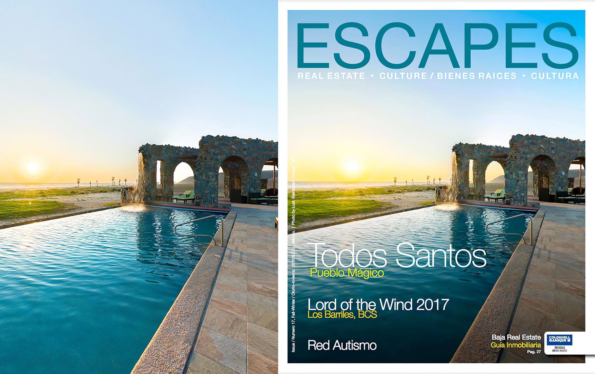 Magazine cover featuring infinity pool overlooking ancient Roman-style arches at sunset. Mirador by Guaycura.
