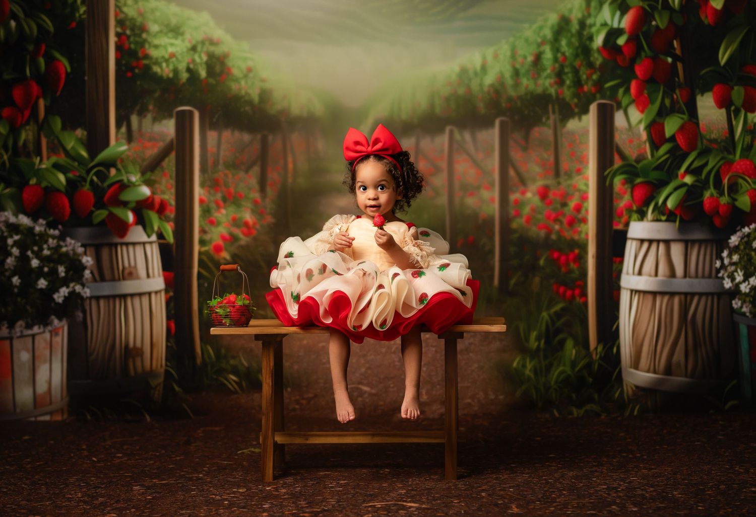 A small child in a red and white dress sits on a wooden chair surrounded by a garden setting with apples and barrels.