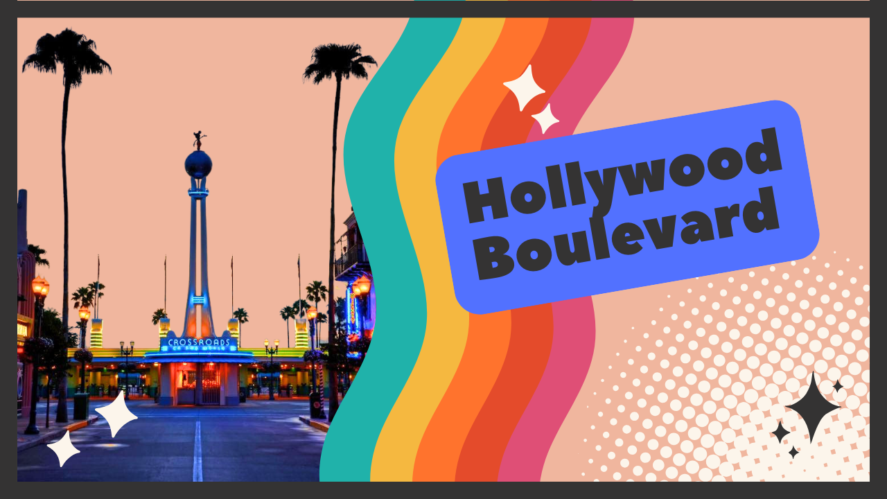 Retro-style illustration of Hollywood Boulevard street sign with palm trees and a colorful rainbow stripe design.